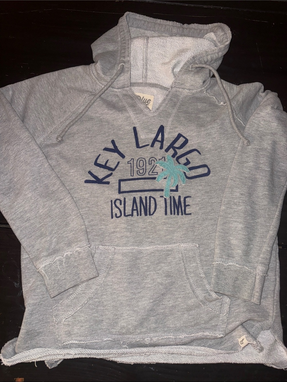 Blue 84 Light Gray Hoodie with Navy Text and Mint Palm Graphic
